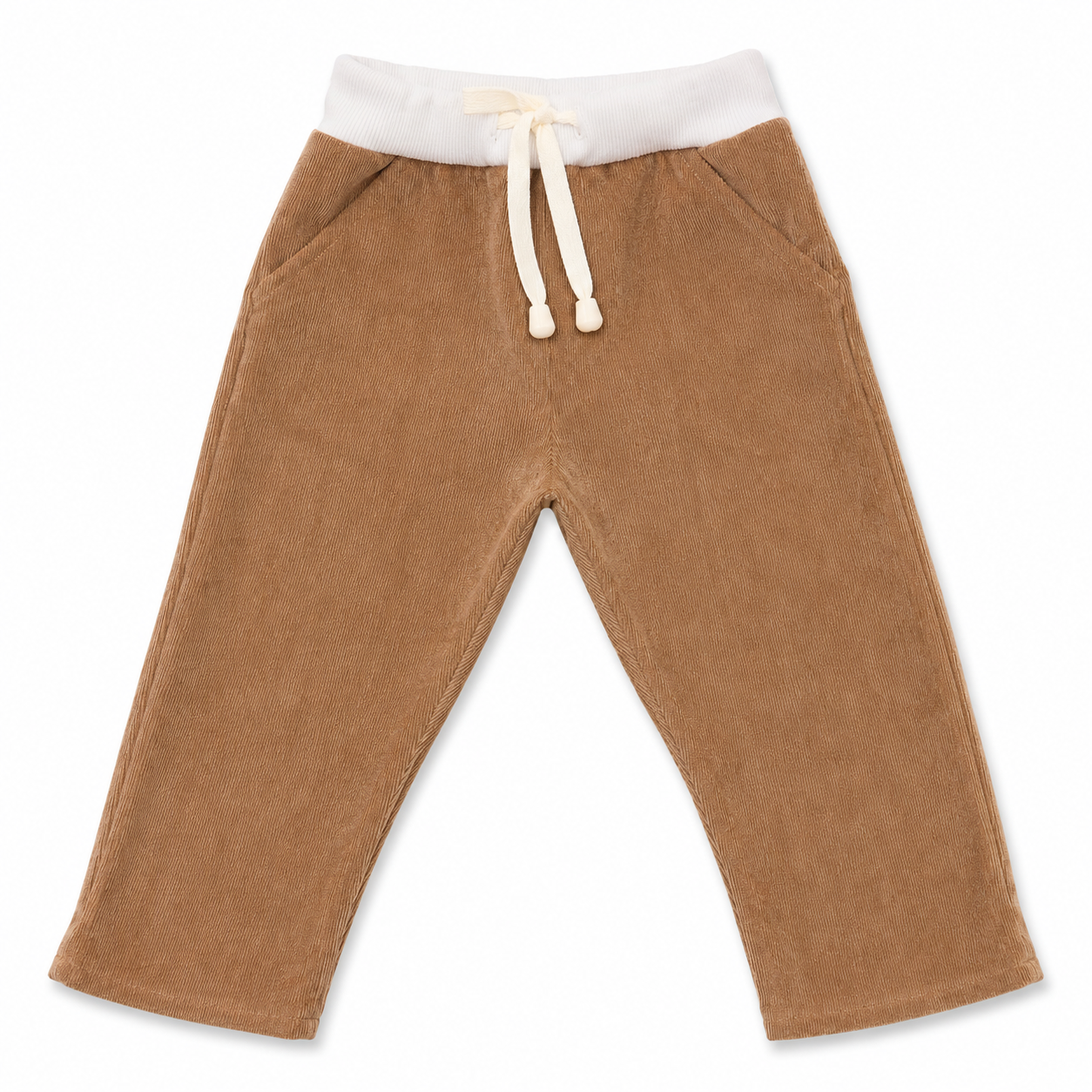 A pair of toddler jogger pants in brown corduroy fabric, featuring a white elastic waistband and a white drawstring tie.