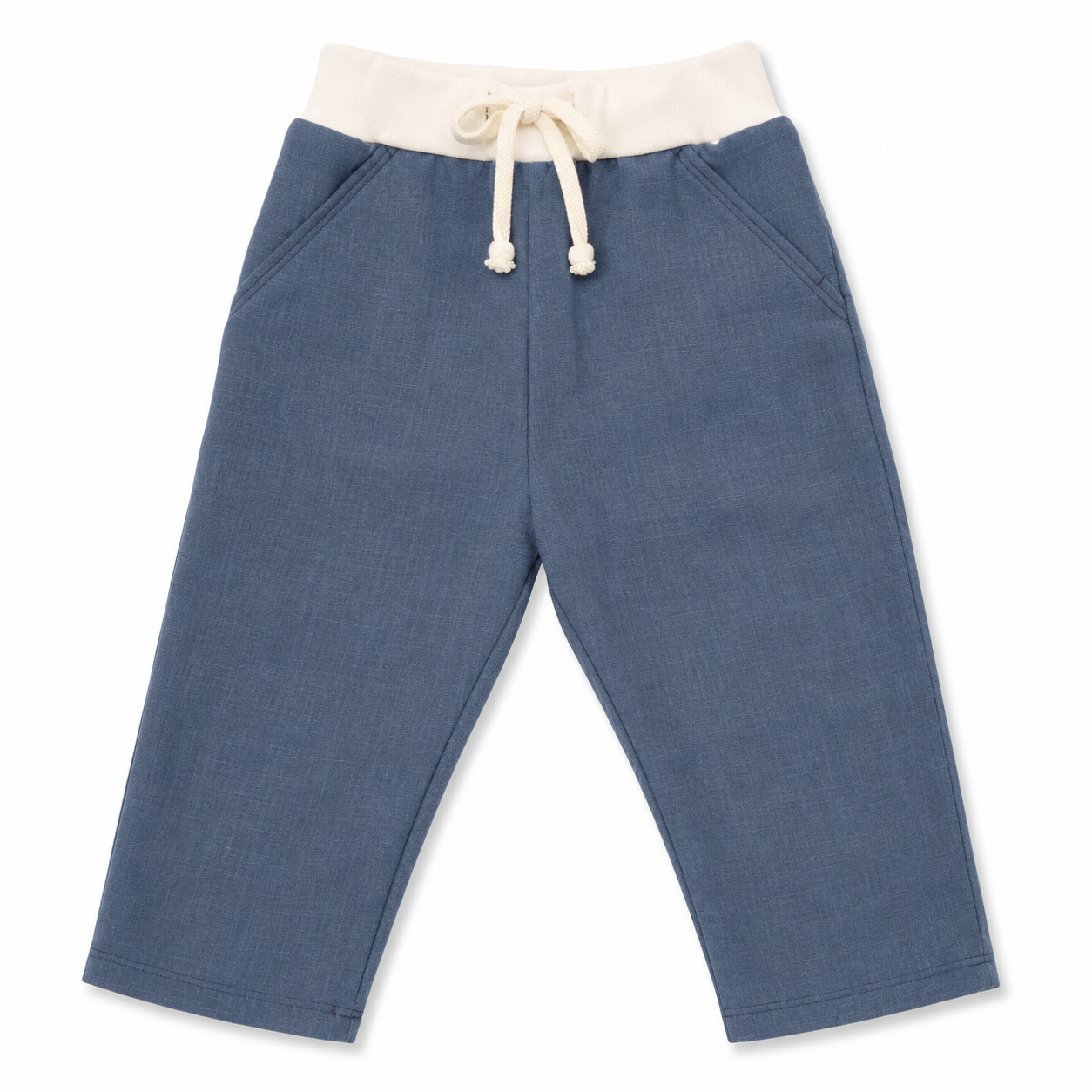 A pair of children's blue pants with an off-white elastic waistband and matching drawstring, shown flat on a white background.