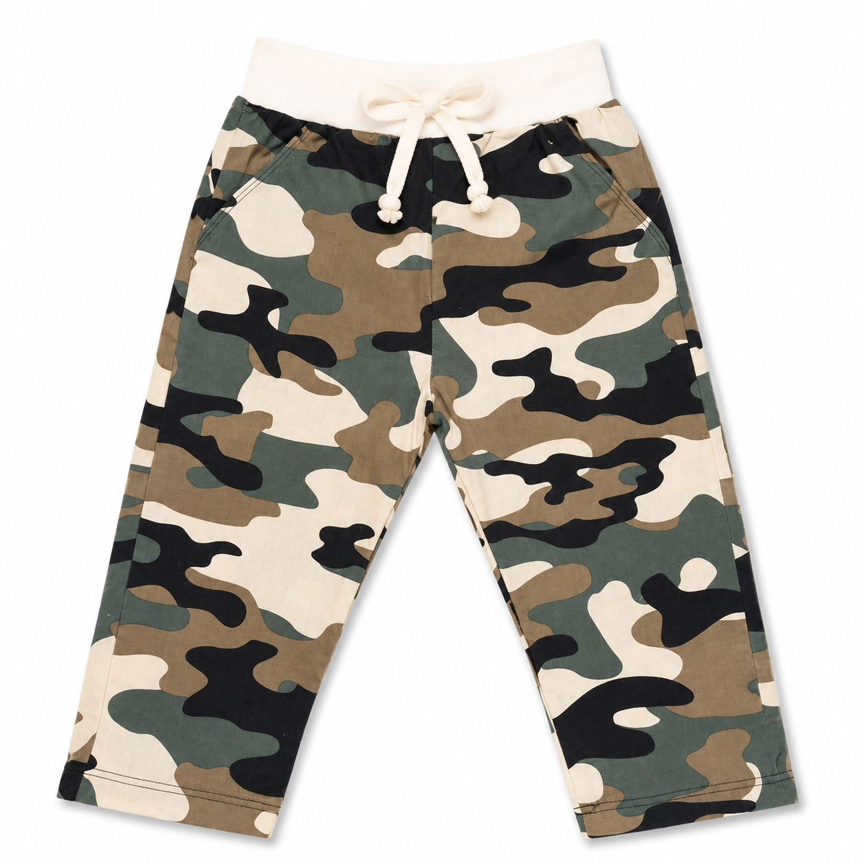 A pair of children's camouflage sweatpants with a green, brown, black, and beige camo pattern, featuring an off-white elastic waistband and matching drawstring.