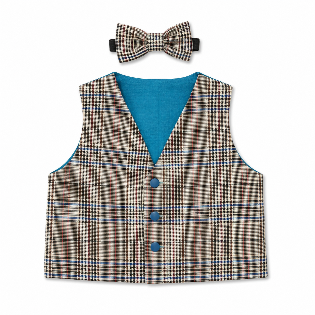 A children's formal outfit set featuring a plaid vest with a bright blue lining, a matching plaid bow tie, and a black hair clip, displayed on a clean white background.