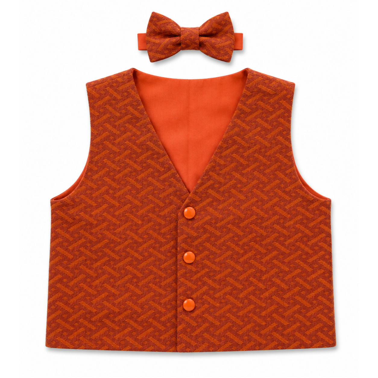 A children's formal outfit set featuring a rust-orange patterned vest with a V-neck and three front buttons, a matching patterned bow tie, and a solid rust-orange neckband, all displayed on a clean white background.