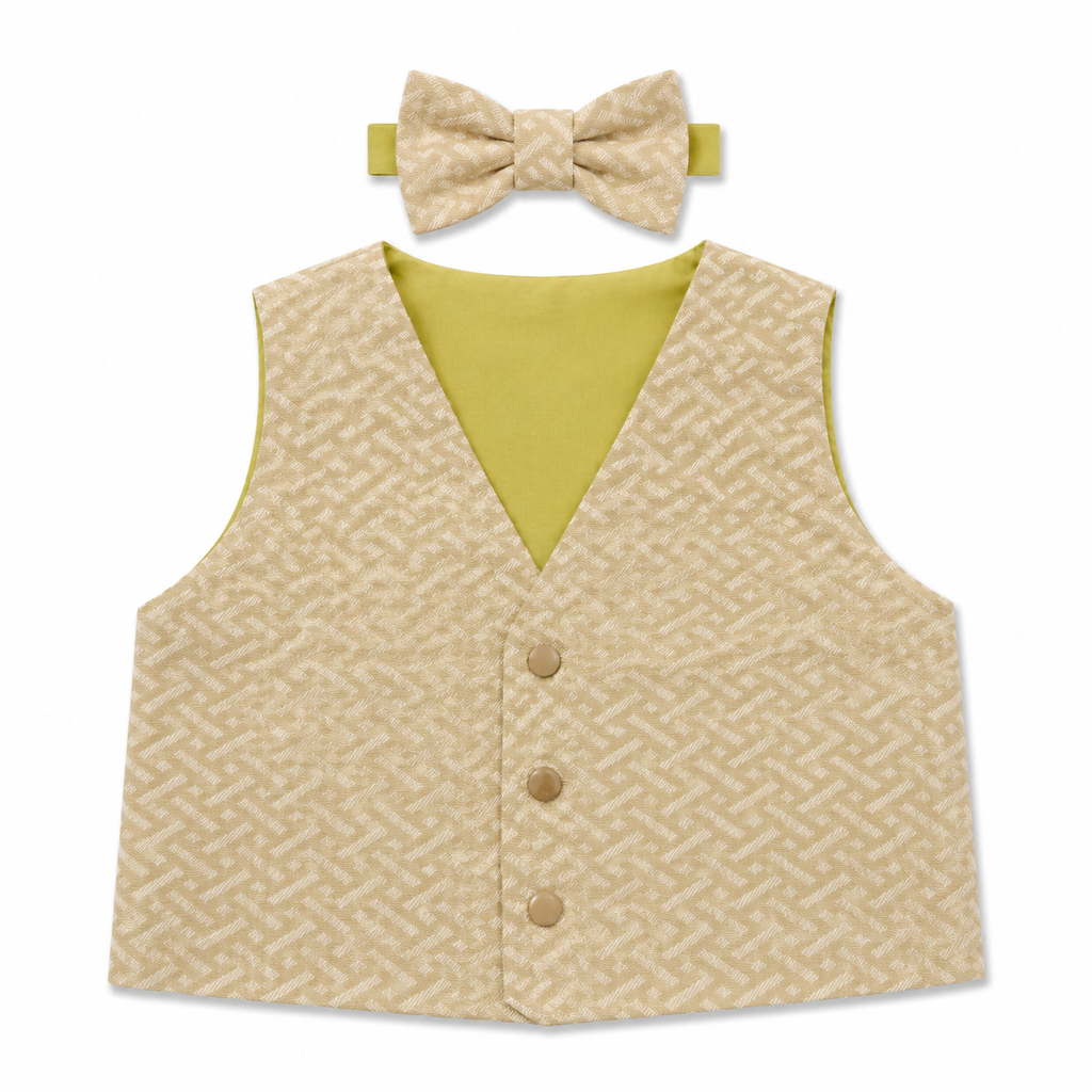 A baby boy's formal outfit set featuring a beige and tan patterned vest with a lime green V-neck lining, a matching patterned bow tie, and a matching headband, displayed on a clean white background.