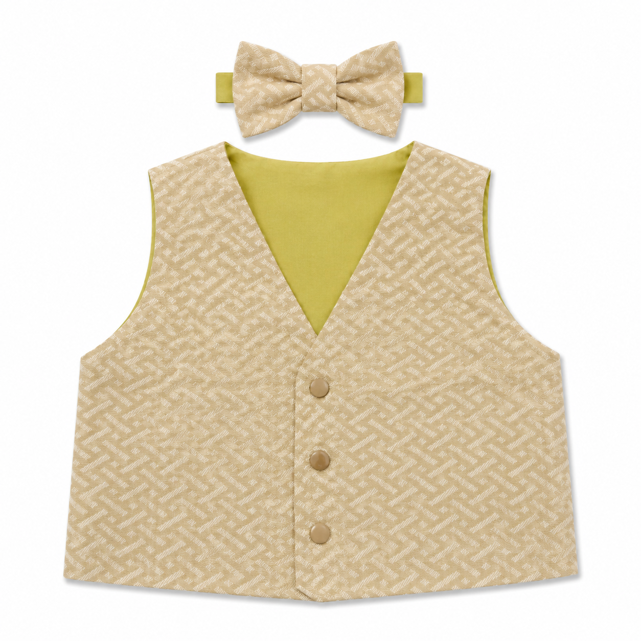 A baby boy's formal outfit set featuring a beige and tan patterned vest with a lime green V-neck lining, a matching patterned bow tie, and a matching headband, displayed on a clean white background.