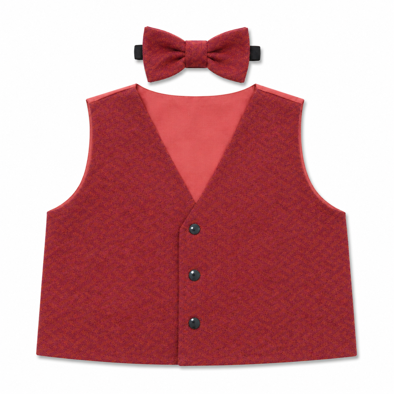 A children's formal outfit set featuring a textured red vest with three black buttons, a matching red bow tie, and a red inner lining, displayed on a clean white background.