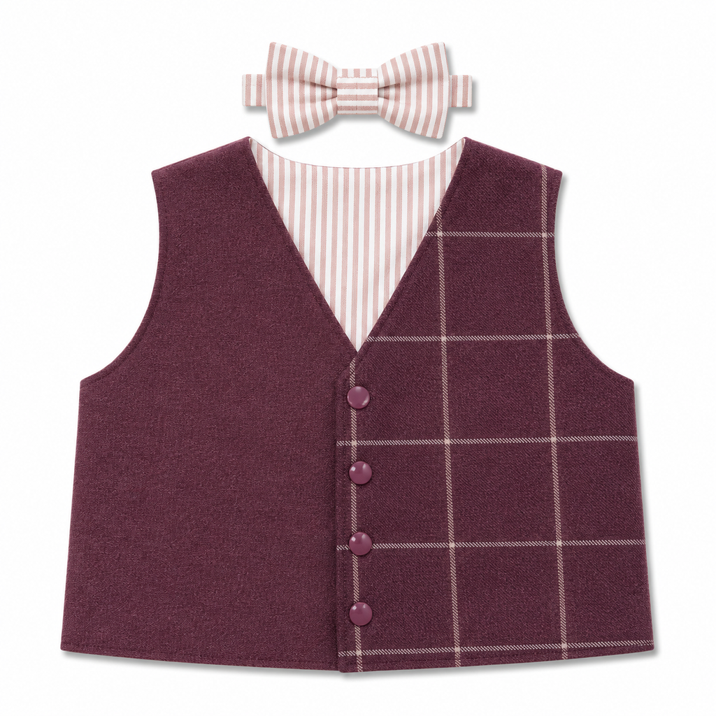 A children's formal outfit set featuring a sleeveless burgundy vest with a light windowpane plaid pattern, a matching striped bow tie, and a light pink and white striped shirt collar, displayed on a clean white background.