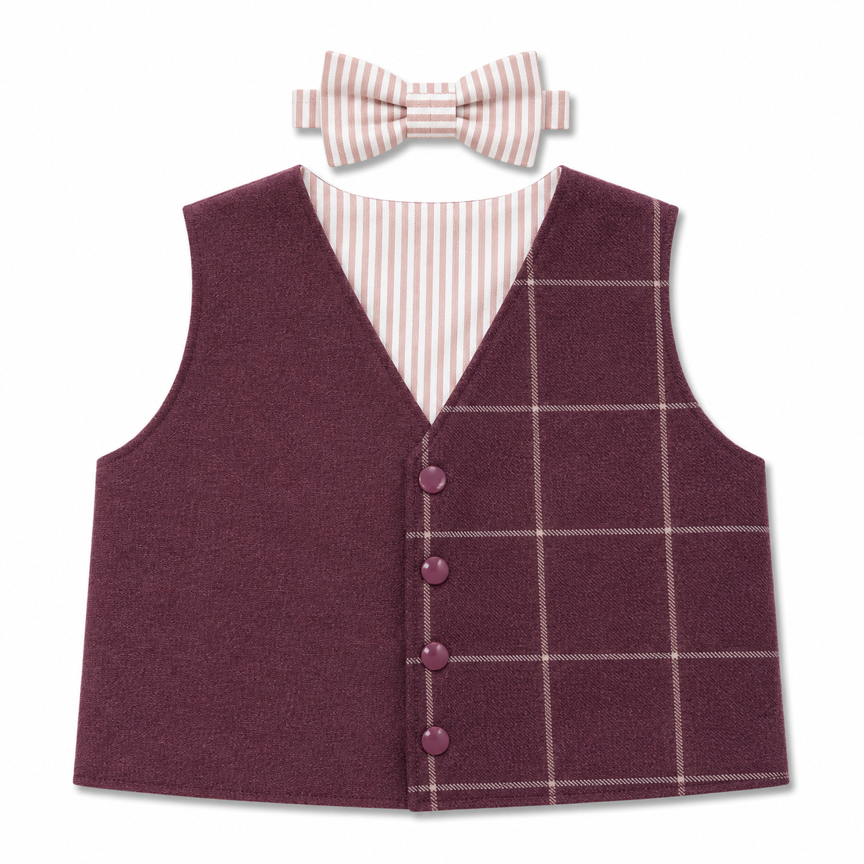 A children's formal outfit set featuring a sleeveless burgundy vest with a light windowpane plaid pattern, a matching striped bow tie, and a light pink and white striped shirt collar, displayed on a clean white background.