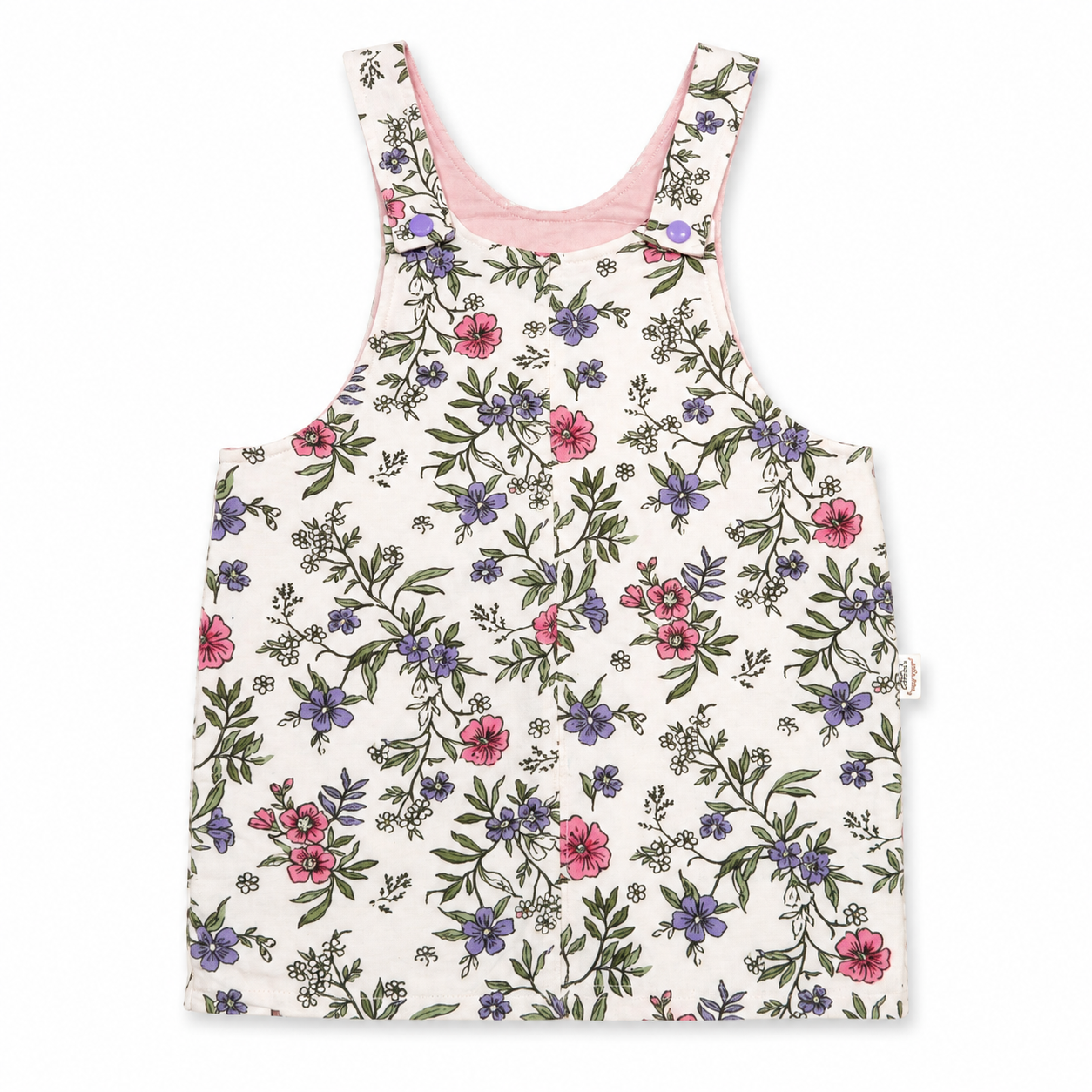 A sleeveless baby tank top with a delicate floral print on an off-white background, featuring pink and purple flowers with green leaves. It has a light pink inner collar and a small side tag.