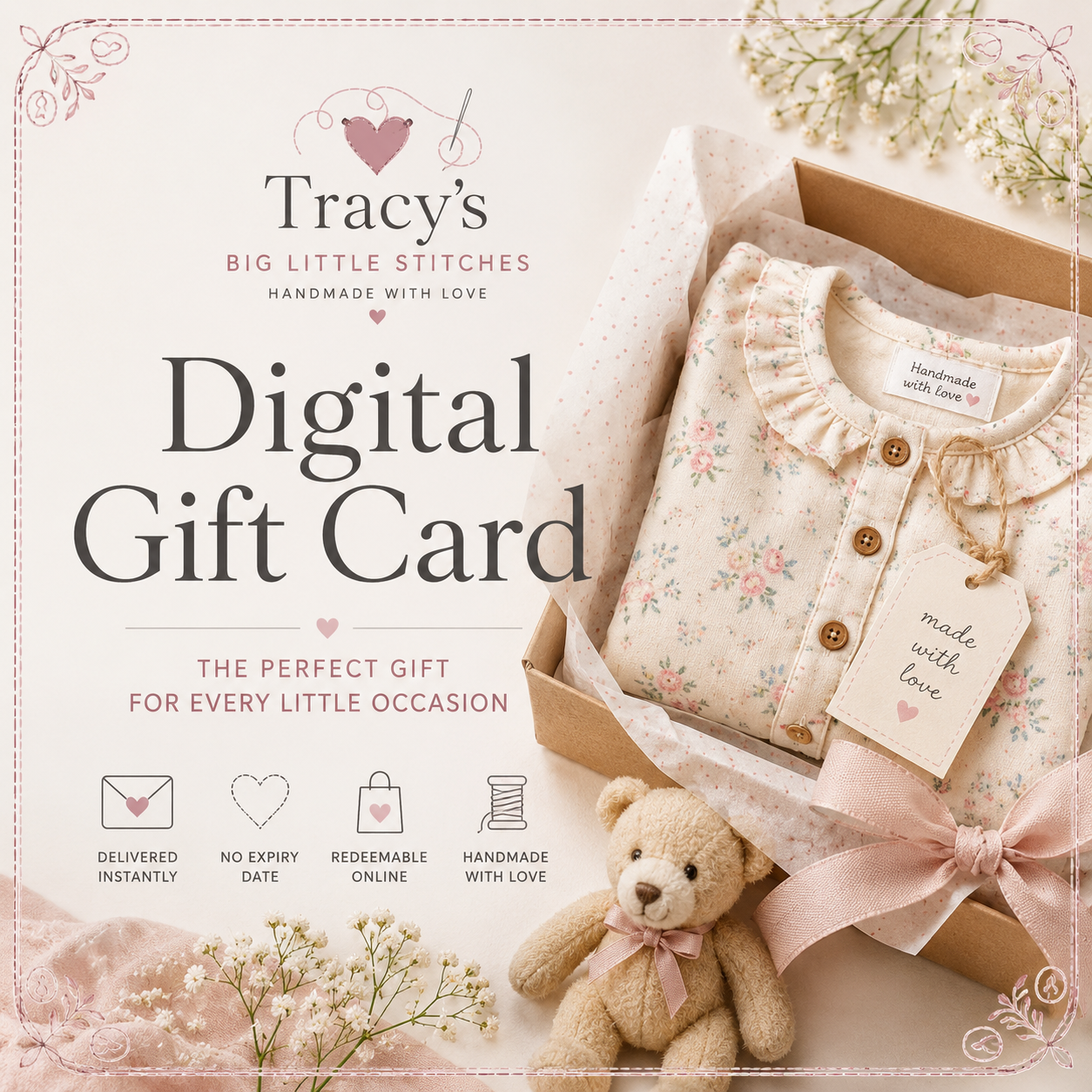 Promotional graphic for a digital gift card from Tracy's Big Little Stitches, featuring a styled flat-lay of a baby bodysuit in a floral print inside a gift box with a teddy bear and decorative elements.