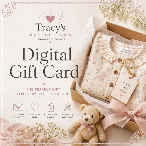 Promotional graphic for a digital gift card from Tracy's Big Little Stitches, featuring a styled flat-lay of a baby bodysuit in a floral print inside a gift box with a teddy bear and decorative elements.