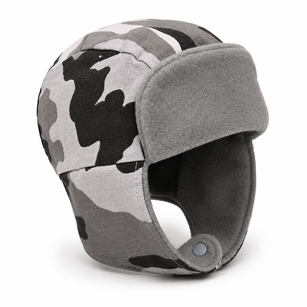 A gray camouflage winter trapper hat with a solid gray fleece ear flap and matching gray interior lining, shown on a white background.