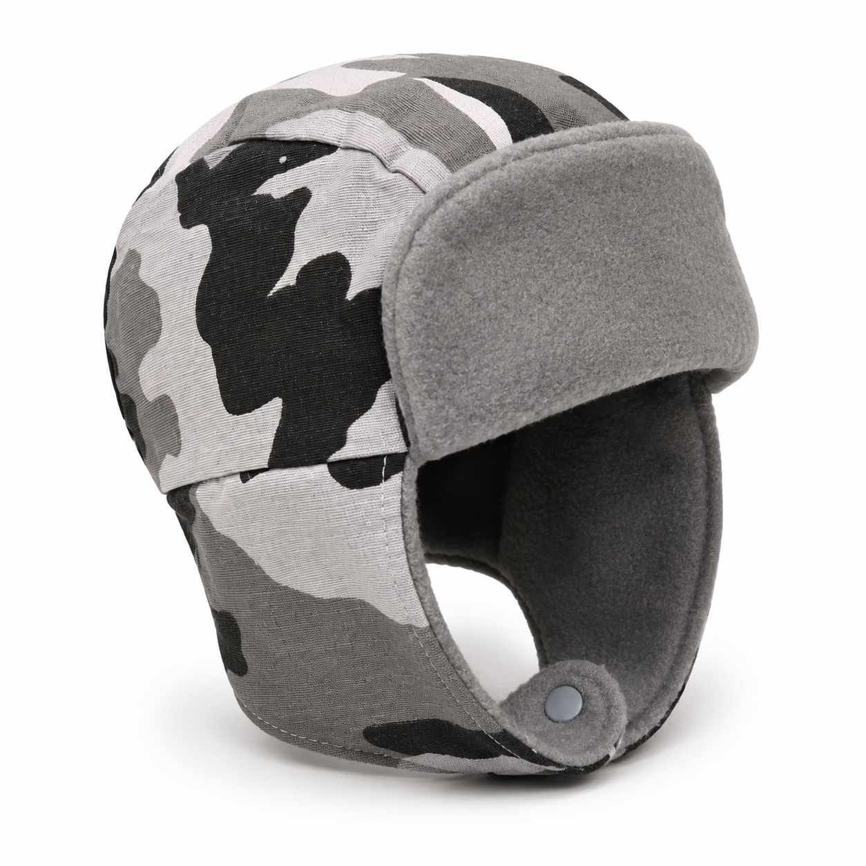 A gray camouflage winter trapper hat with a solid gray fleece ear flap and matching gray interior lining, shown on a white background.
