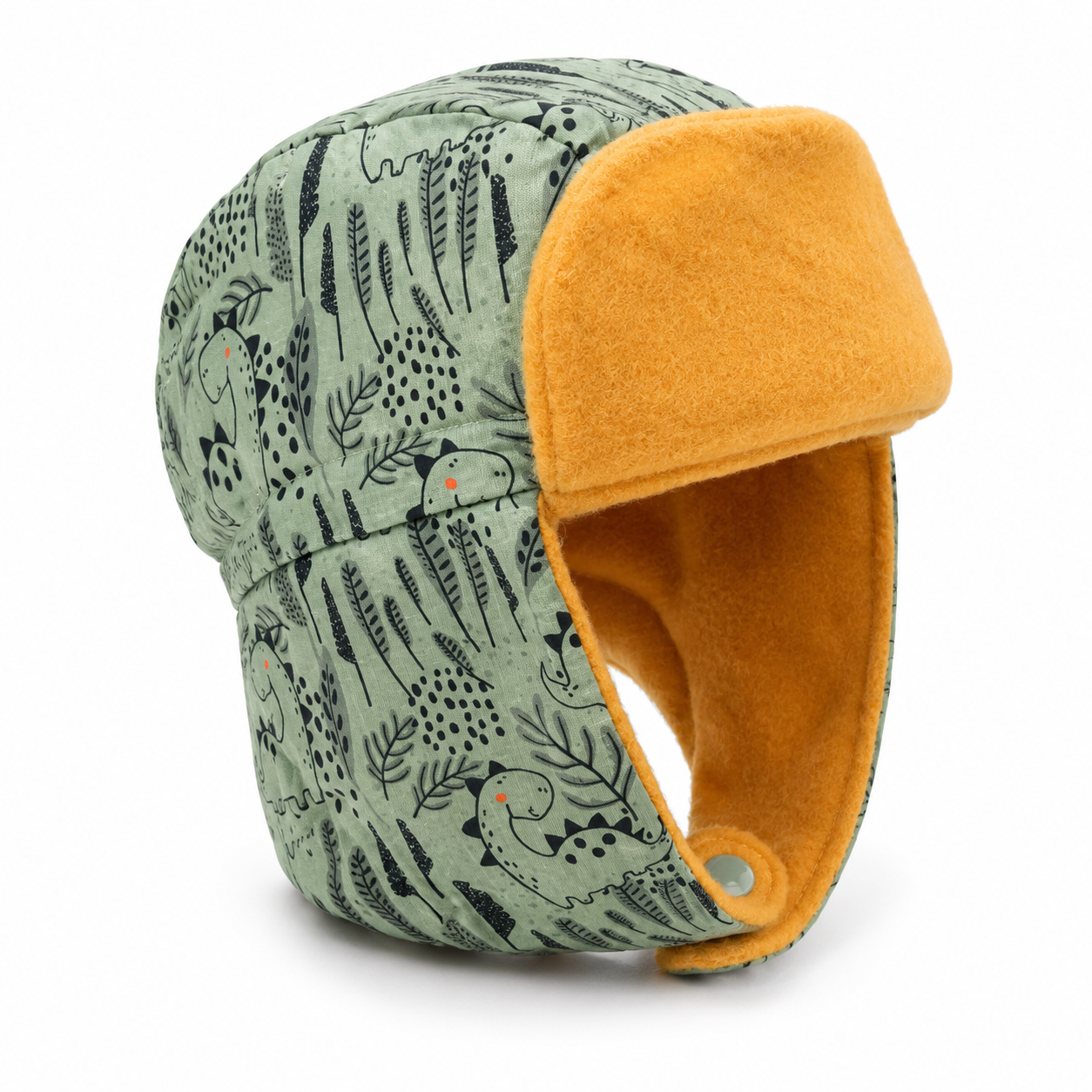 A green patterned trapper hat with a mustard yellow fleece lining and ear flaps, shown on a white background.
