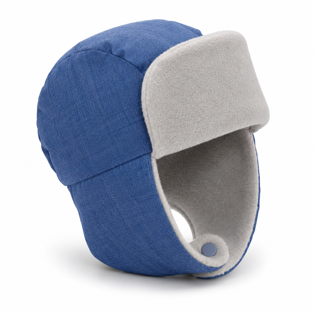 A blue and gray winter trapper hat with a textured blue exterior and a soft gray fleece ear flaps and lining, shown on a white background.