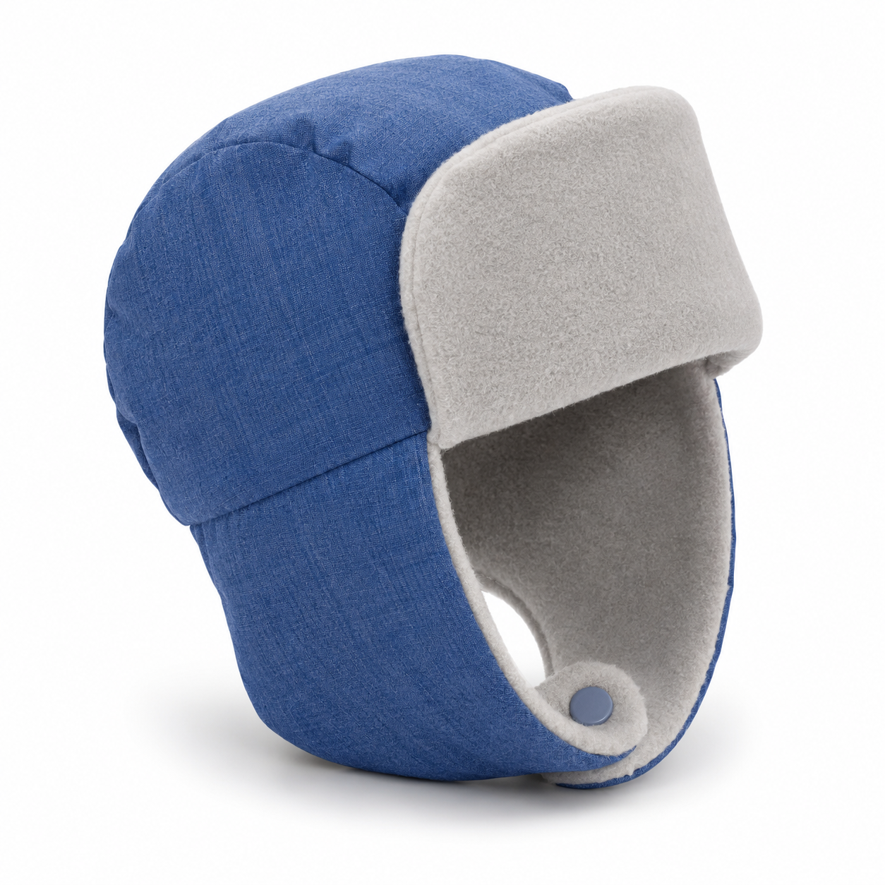 A blue and gray winter trapper hat with a textured blue exterior and a soft gray fleece ear flaps and lining, shown on a white background.