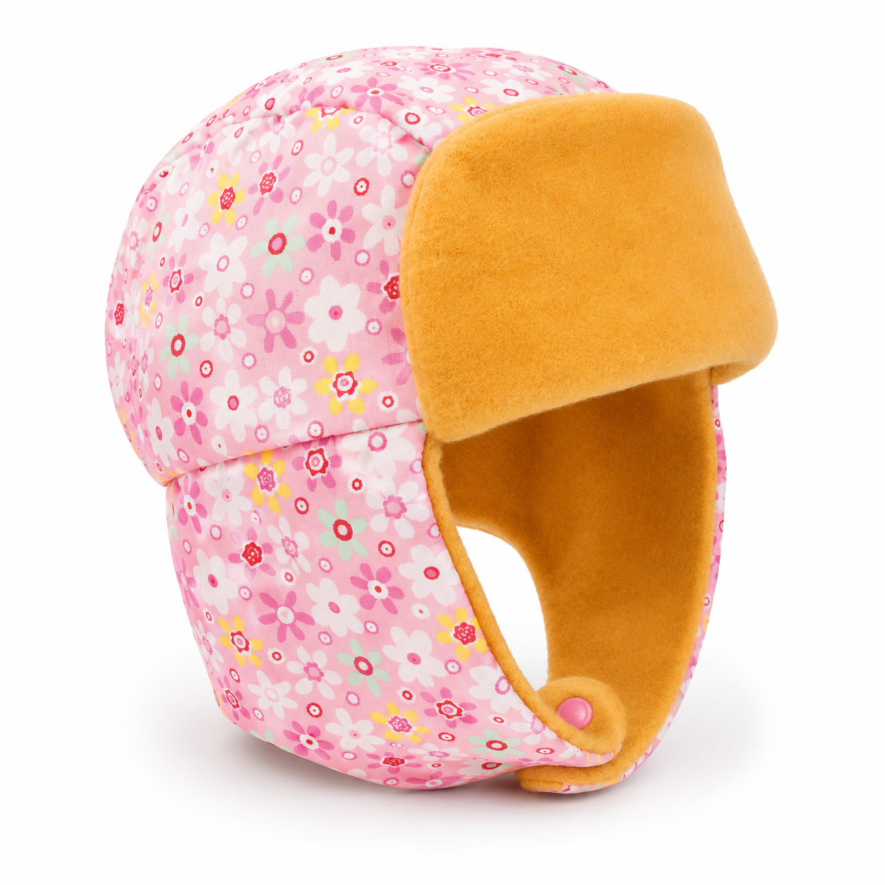 A pink floral trapper hat with a mustard yellow fleece ear flap and lining, shown on a clean white background.