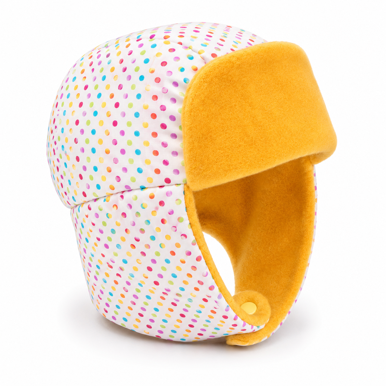 A trapper-style winter hat with a white fabric body covered in small multicolored polka dots, a mustard yellow fleece ear flap, and a matching mustard yellow fleece inner lining, shown on a clean white background.