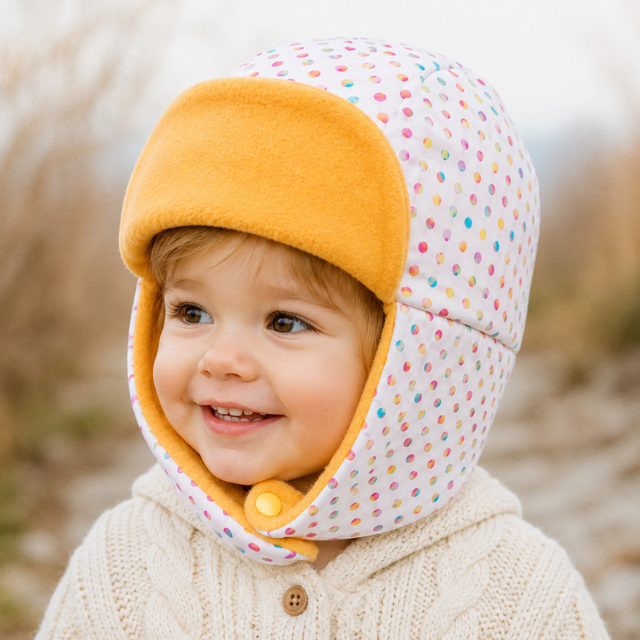 A smiling toddler wearing a soft padded winter hat with ear flaps and a yellow fleece visor, set against a blurred outdoor background.