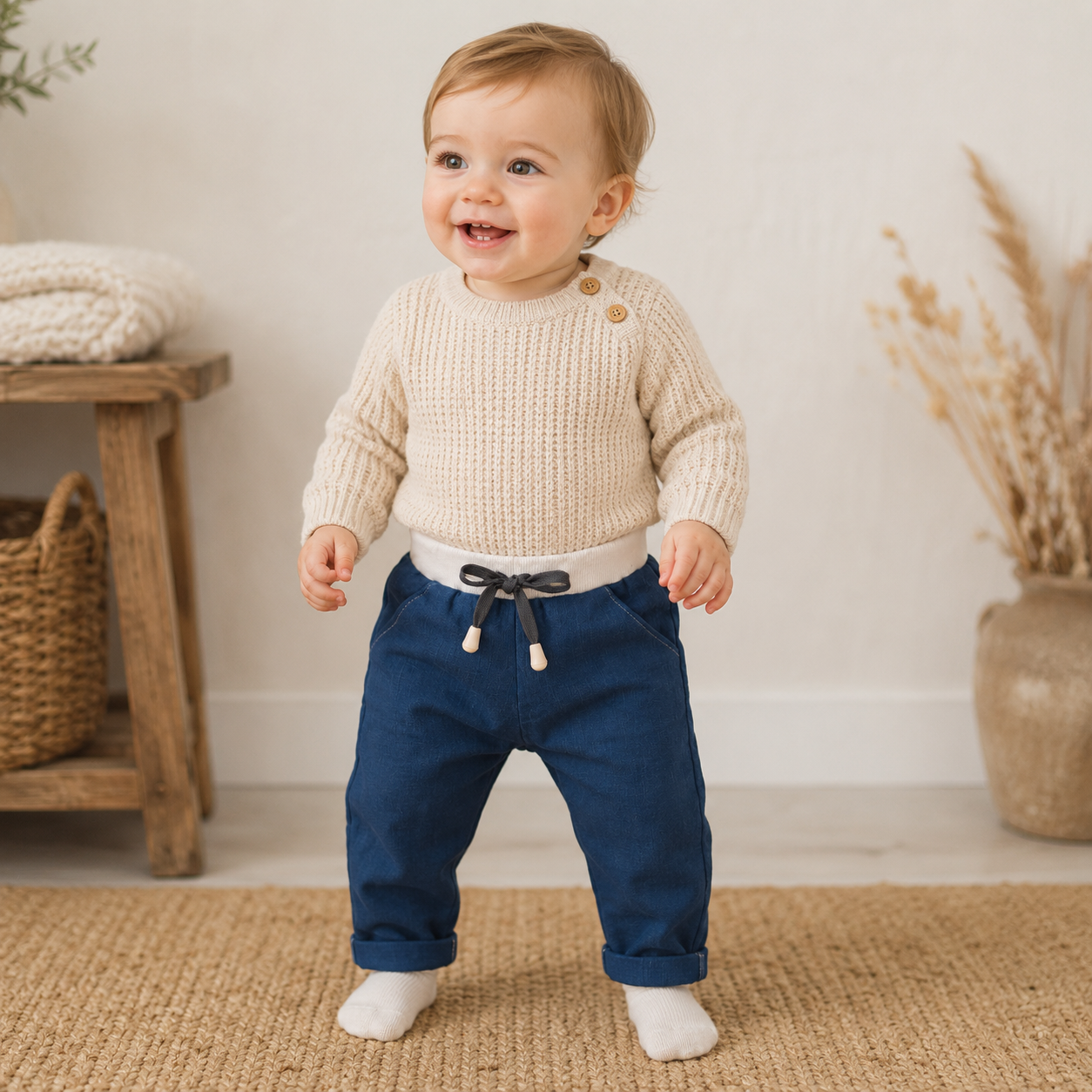A smiling toddler standing on a woven rug indoors, wearing a cream ribbed knit sweater with two decorative buttons and navy pants with a dark drawstring waist.