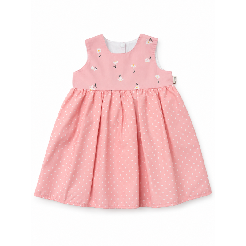 A pink sleeveless baby dress with a white polka dot skirt and a solid pink bodice decorated with small embroidered dandelions, shown on a plain white background.