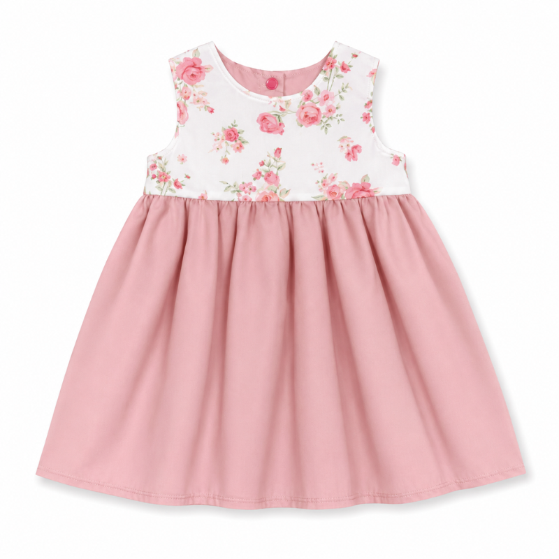 A sleeveless baby girl's dress with a white floral bodice and a pleated dusty pink skirt, shown against a plain white background.