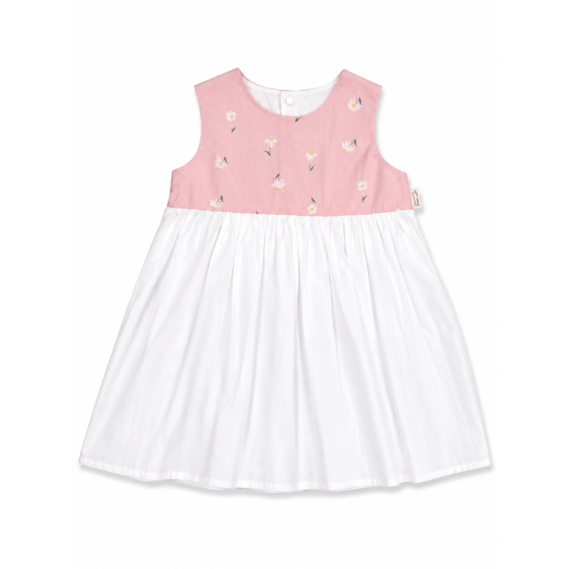 A sleeveless baby dress with a pink upper bodice featuring a small floral print and a white pleated skirt, shown against a plain white background.