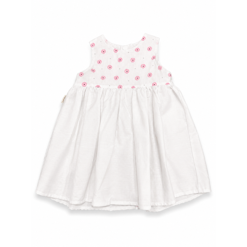 A sleeveless white baby dress with a pink floral patterned bodice, shown flat against a white background.