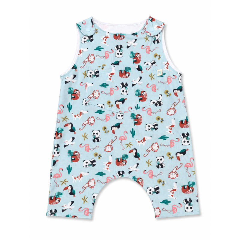 A light blue sleeveless baby romper with an all-over cartoon print of pandas, flamingos, toucans, cacti, and other jungle animals, shown against a plain white background.