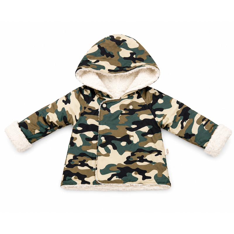 A baby camouflage hooded jacket with a warm cream sherpa lining on the hood, cuffs, and hem, displayed flat against a white background.