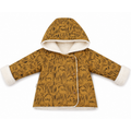 A baby hooded jacket with a mustard yellow and black animal print pattern, featuring a soft white sherpa lining on the hood, front, cuffs, and hem.