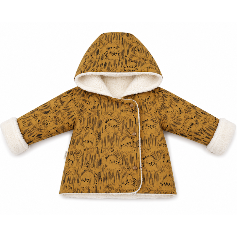 A baby hooded jacket with a mustard yellow and black animal print pattern, featuring a soft white sherpa lining on the hood, front, cuffs, and hem.