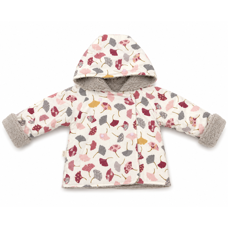 A baby hooded jacket with a cream-colored background, decorated with a pattern of pink, red, and gray ginkgo leaves. The jacket features soft gray fleece lining on the hood, cuffs, and inner lining, and is photographed flat against a white background.