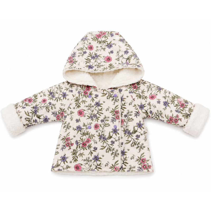 A baby hooded jacket with a cream-colored background and a dense pink, purple, and green floral print. It features a soft, plush cream sherpa lining inside the hood and cuffs, and is photographed flat against a solid white background.