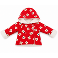 A red hooded baby jacket with a white floral print and soft white fleece lining, shown against a plain white background.