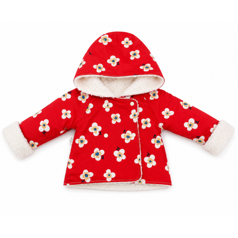 A red hooded baby jacket with a white floral print and soft white fleece lining, shown against a plain white background.