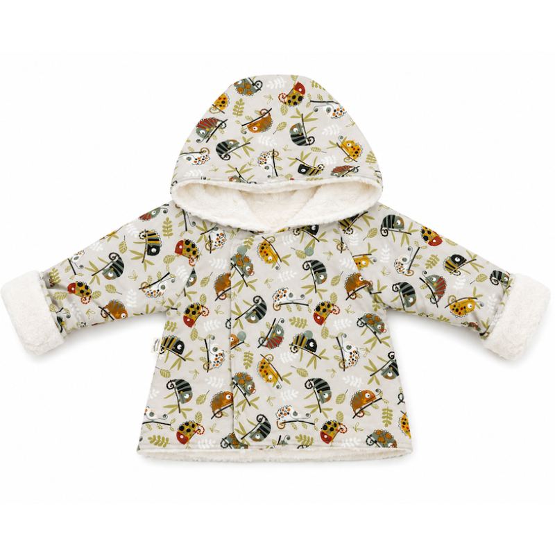 A baby hooded fleece jacket with a cream-colored background and an all-over pattern of cartoon moths, leaves, and small flowers. The jacket features soft, plush cream-colored cuffs and hood lining.