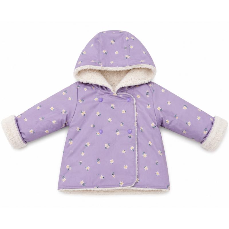 A baby girl's purple hooded winter jacket with a white sherpa lining, featuring a small white and purple floral pattern and button closure.